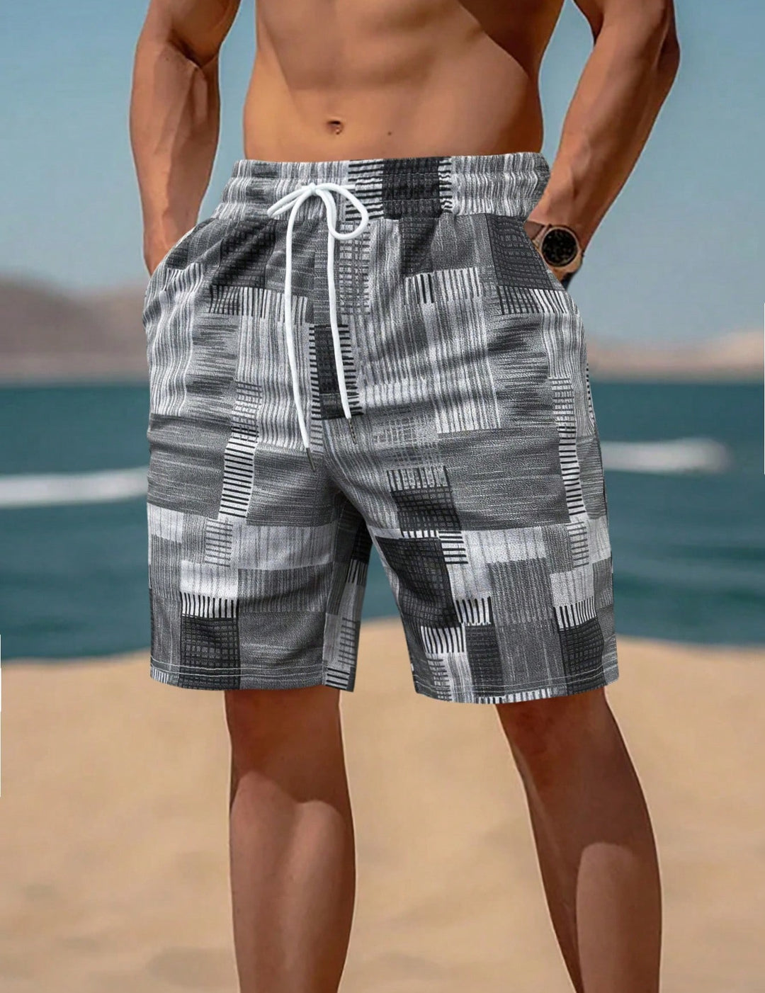 Herren stylische Bade-Shorts mit modernem Graphikmuster R&B