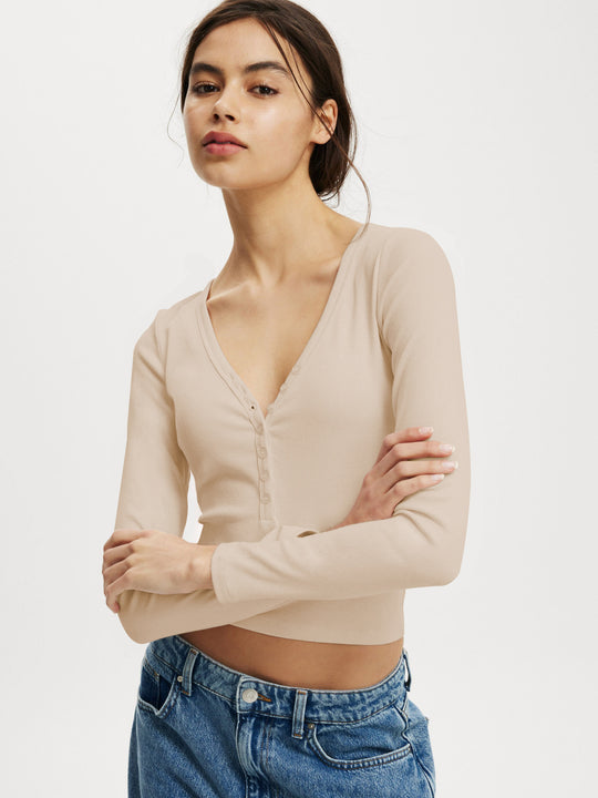 Damen Langarmshirt mit tiefem V-Ausschnitt und Knopfleiste R&B