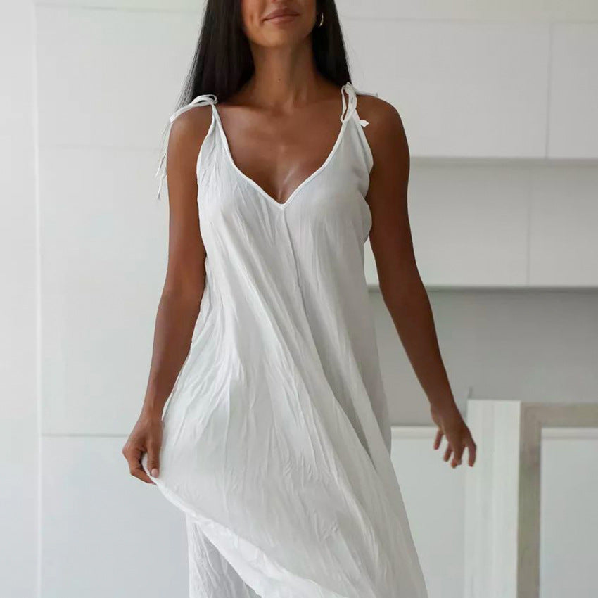 R&B | Damen Weiß Loose Idle Lange Slip Nachthemd Lässige Bequeme Oberbekleidung Hausbekleidung