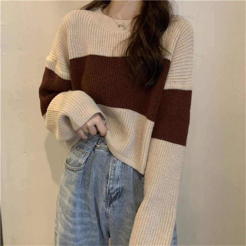 Damen Strickpullover mit weit geschnittenen Ärmeln und kontrastierendem Design R&B
