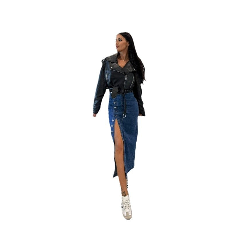 Damen Denim-Midirock mit seitlichem Schlitz und Knopfdetails R&B