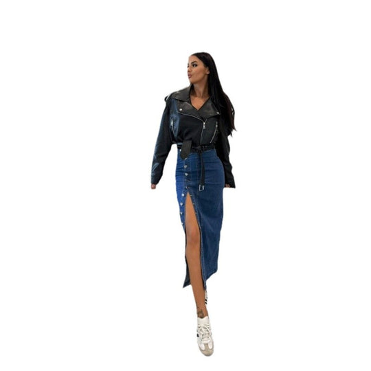 Damen Denim-Midirock mit seitlichem Schlitz und Knopfdetails R&B