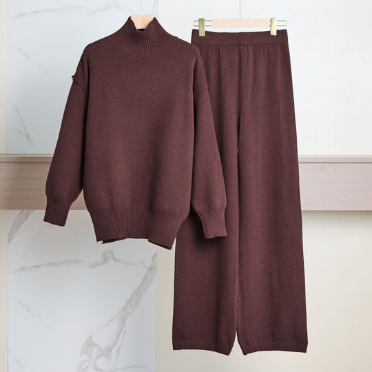 Damen Gemütliches Strickensemble mit hohem Kragen und weit geschnittenen Hosen R&B