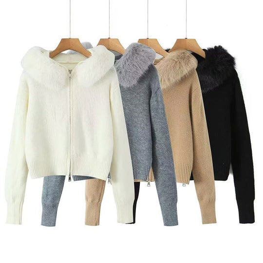 Damen Strickjacke mit luxuriösem Kunstfellkragen und Reißverschluss R&B