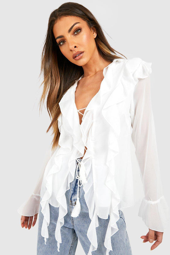 Damen Rüschenshirt mit eleganten Schnürdetails und transparenten Ärmeln R&B