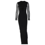 Damen elegantes Maxikleid mit tiefem V-Ausschnitt und transparenten Ärmeln R&B