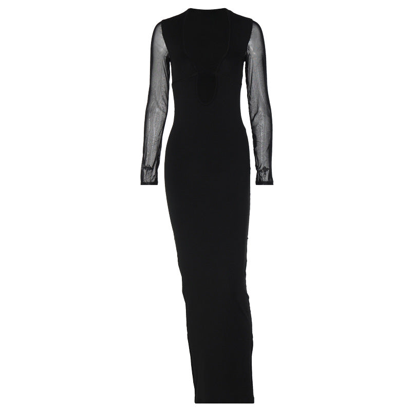 Damen elegantes Maxikleid mit tiefem V-Ausschnitt und transparenten Ärmeln R&B