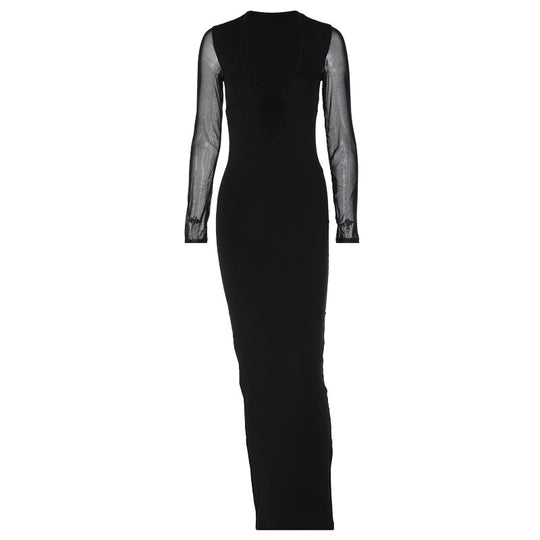 Damen elegantes Maxikleid mit tiefem V-Ausschnitt und transparenten Ärmeln R&B