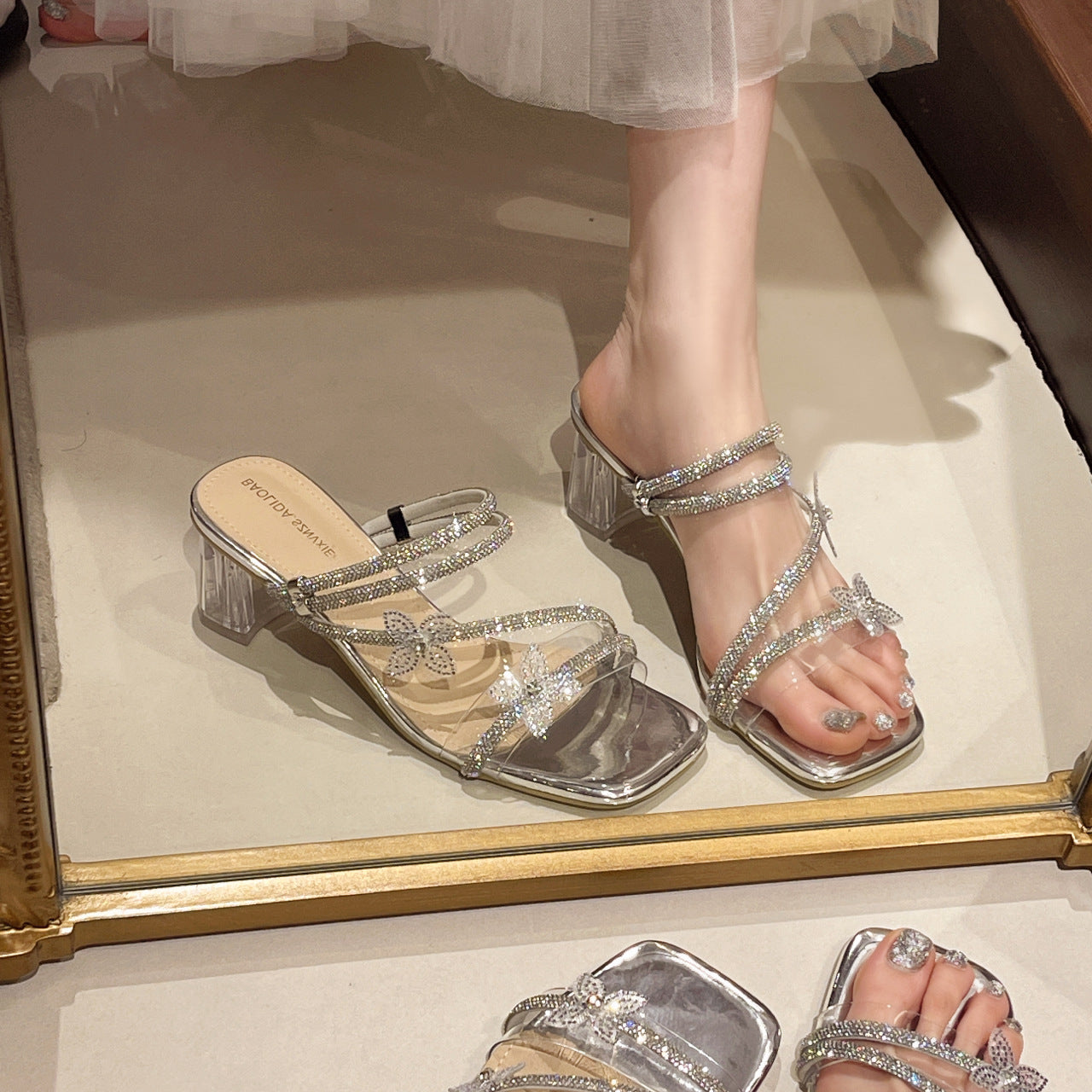 Damen Elegante und funkelnde Sandalen mit Blockabsatz EB