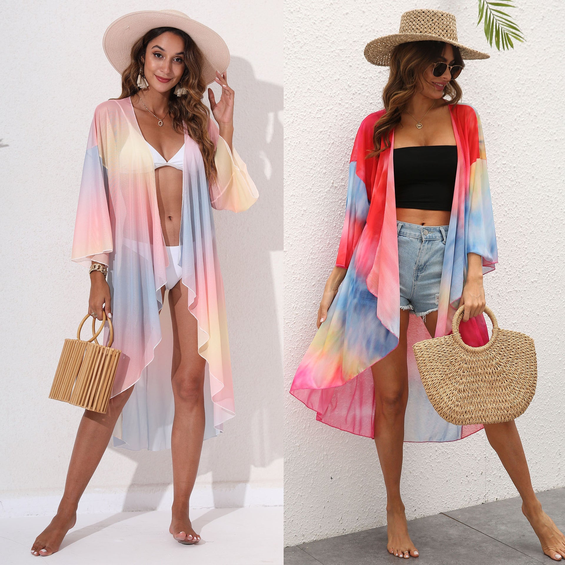 Damen eleganter Strandkimono mit buntem Tie-Dye-Design R&B