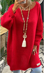Damen lässiger Langarmstrickpullover im Oversized-Stil mit seitlichen Schlitzen R&B