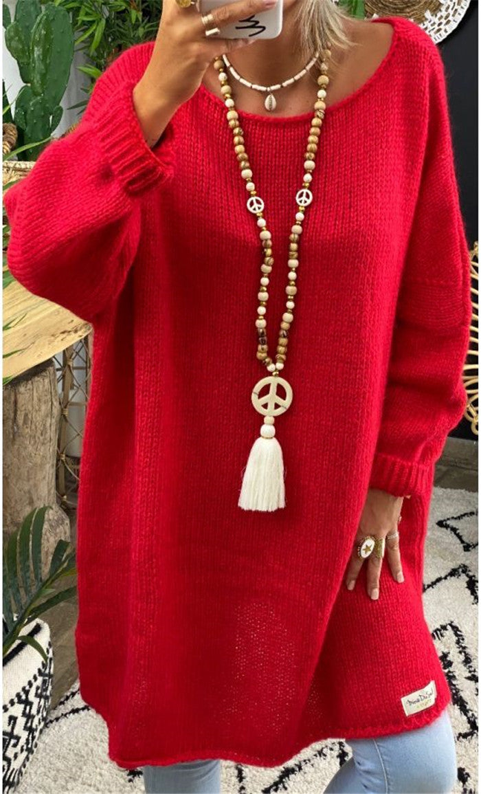 Damen lässiger Langarmstrickpullover im Oversized-Stil mit seitlichen Schlitzen R&B