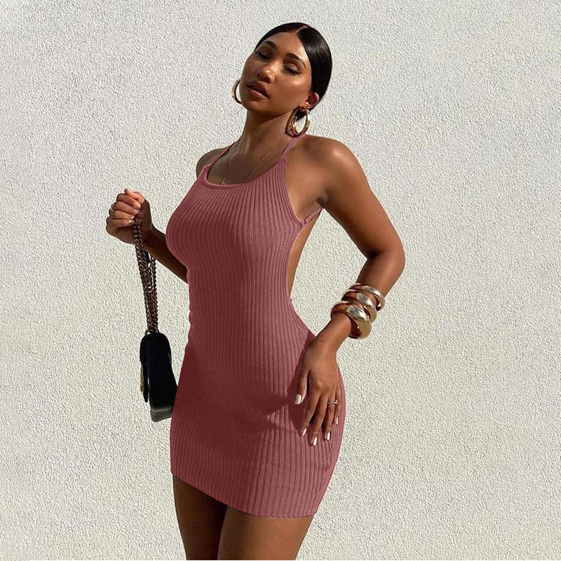 Damen figurbetontes Rippenkleid mit verstellbaren Spaghettiträgern R&B