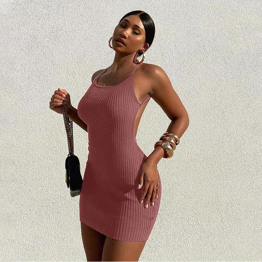 Damen figurbetontes Rippenkleid mit verstellbaren Spaghettiträgern R&B