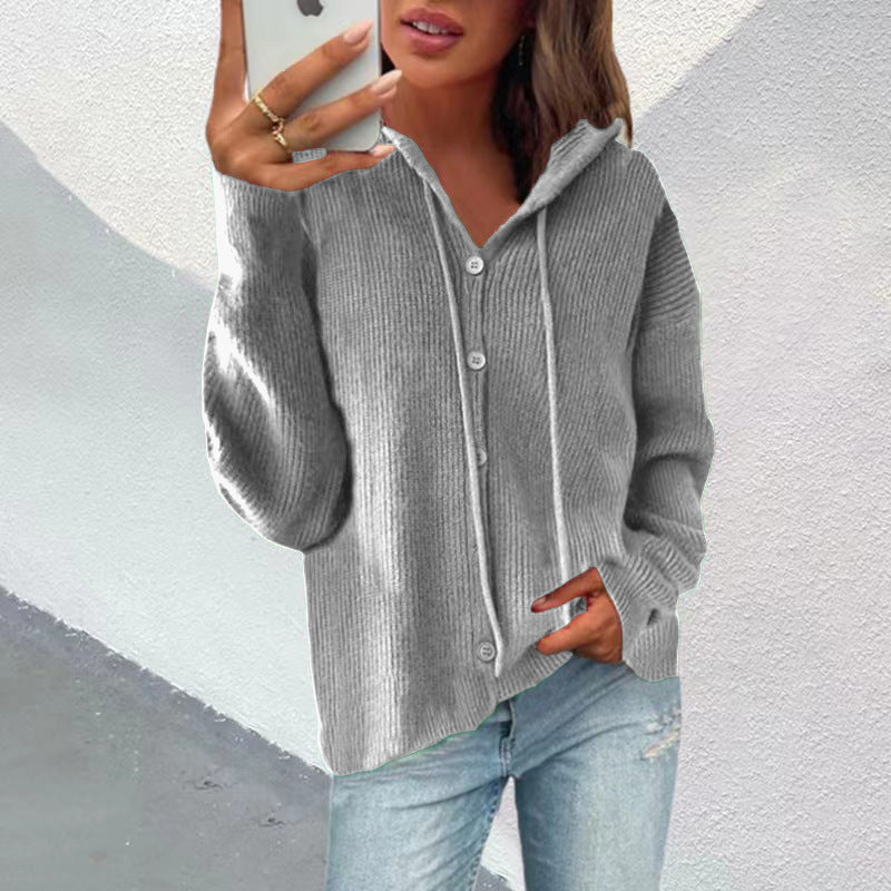 Damen Strickjacke mit Kapuze und Knopfleiste R&B