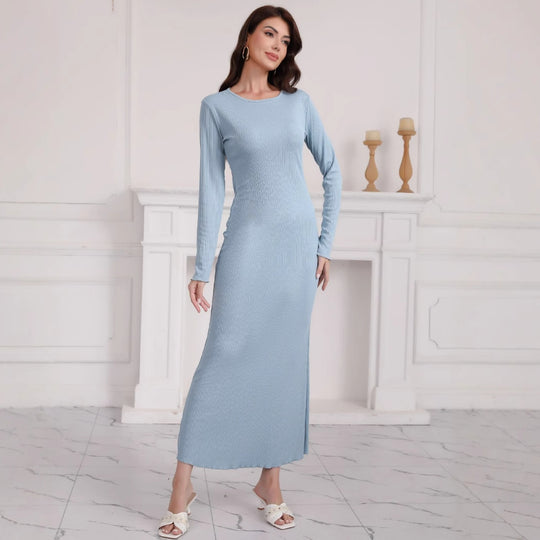 Damen Langarm Maxikleid aus hochwertigem Rippstrickstoff mit elegantem Schlitz R&B