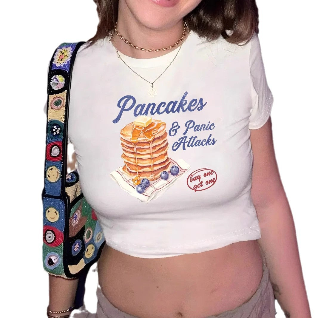 Damen Crop-T-Shirt mit humorvollem Pfannkuchen-Design R&B