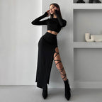 Damen elegantes Langarm-Oberteil mit hohem Bund und seitlichem Cut-Out R&B