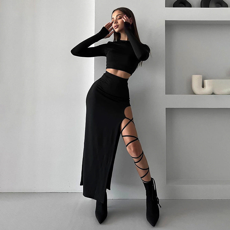 Damen elegantes Langarm-Oberteil mit hohem Bund und seitlichem Cut-Out R&B