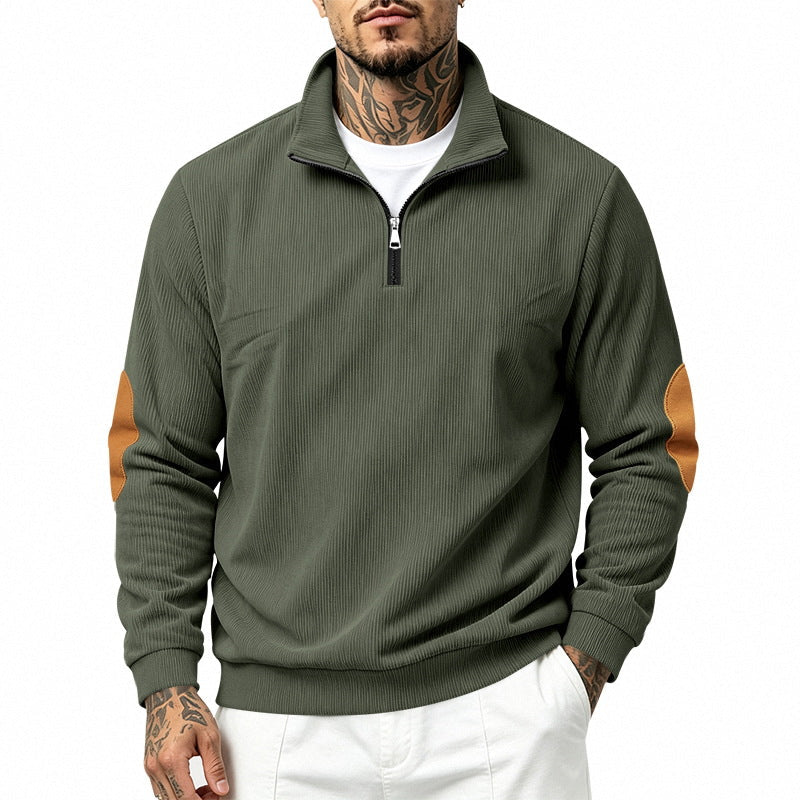 Herren nan Halbzip-Sweatshirt mit Stehkragen, feiner Waffelstruktur und Lederoptik-Ellenbogenpatchs R&B