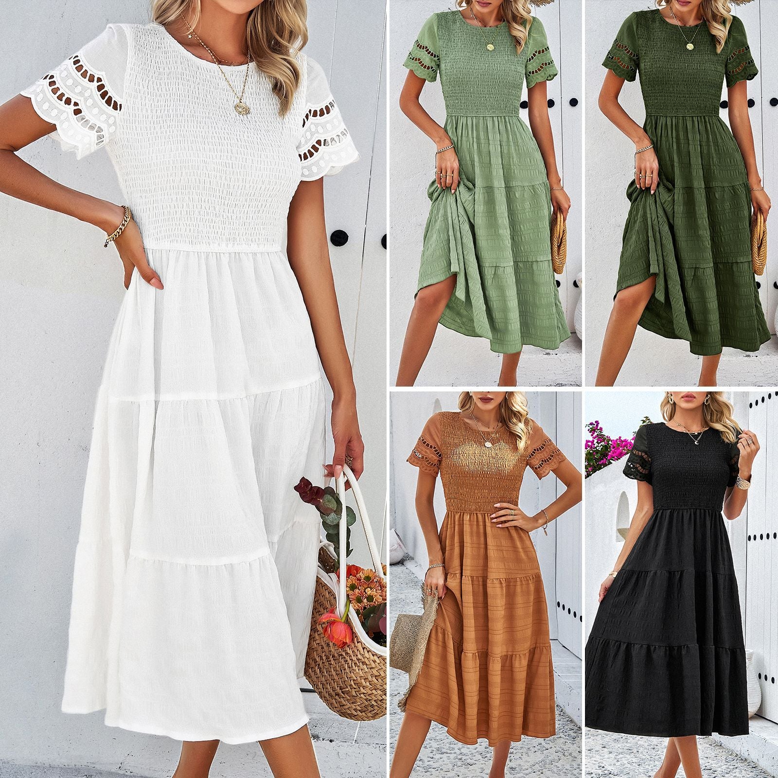 Damen Midikleid mit Puffärmeln und Elastischem Oberteil R&B