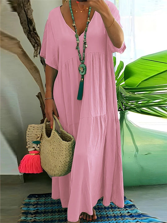 Damen luftiges Boho-Maxikleid mit schwingendem Saum und tiefem V-Ausschnitt R&B