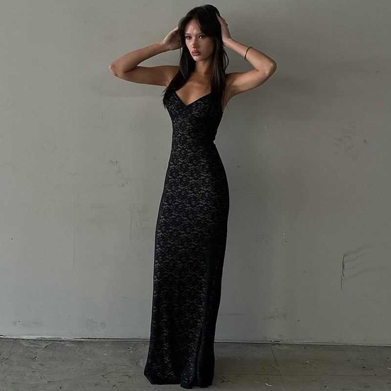 Damen Spitzenkleid mit zarten Spaghettiträgern und fließendem Schnitt R&B