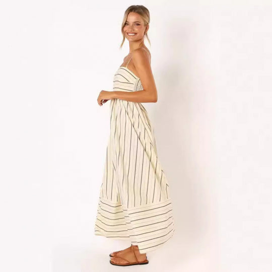Damen Maxikleid mit feinen Streifen und elastischem Taillenbund R&B