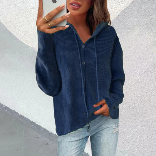 Damen Strickjacke mit Kapuze und Knopfleiste R&B