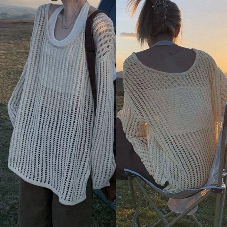 Damen luftiger Strickpullover mit weitem Schnitt und dezentem Lochmuster