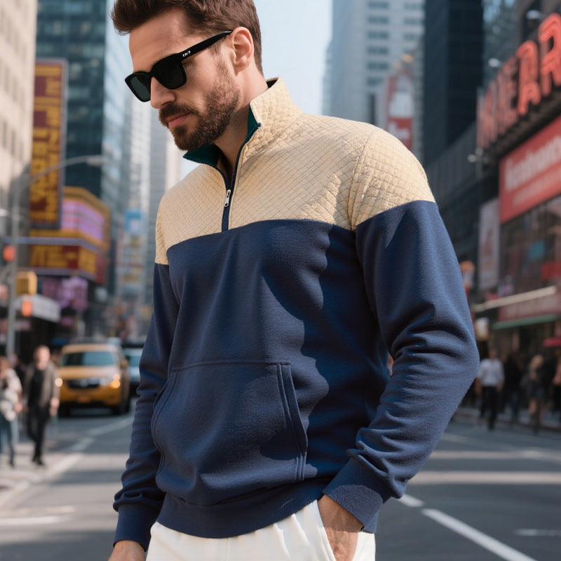 Herren nan gesteppter Halbzip Sweater mit Kängurutasche und Stehkragen R&B
