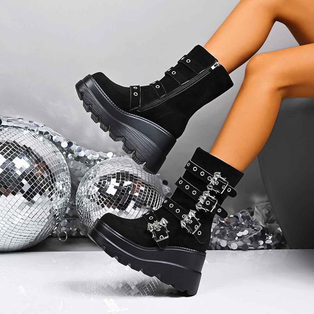 Damen Wedge-Stiefeletten mit modischen Schnallen und rutschfester Sohle R&B