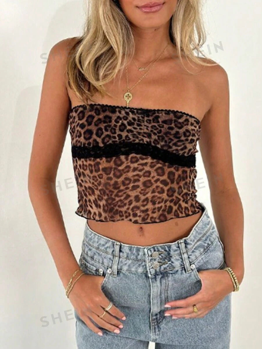 Damen Bandeau-Top mit trendigem Leopardenmuster und zarter Spitzenkante R&B