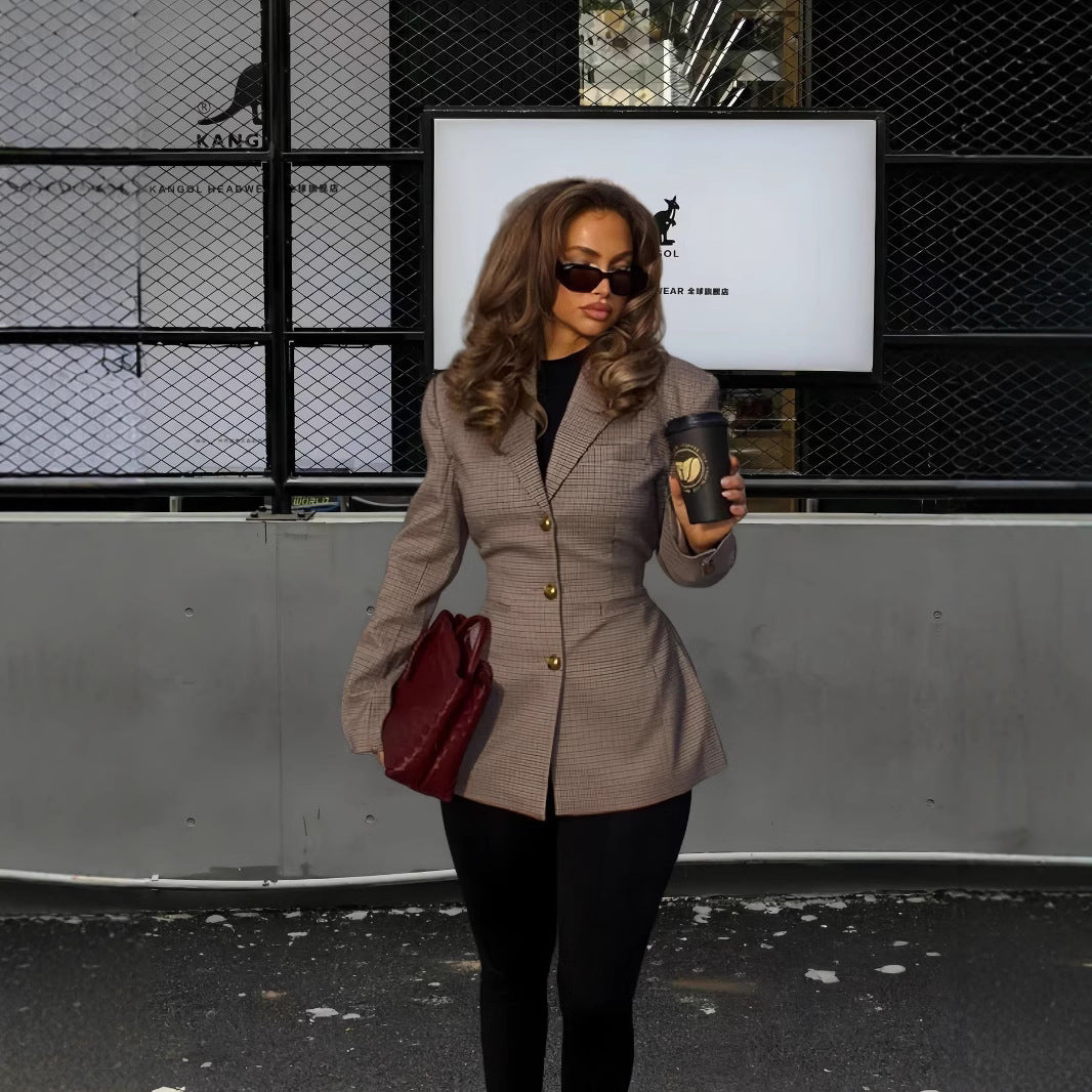 Damen Elegante Karojacke mit strukturiertem Schnitt und Goldknöpfen R&B