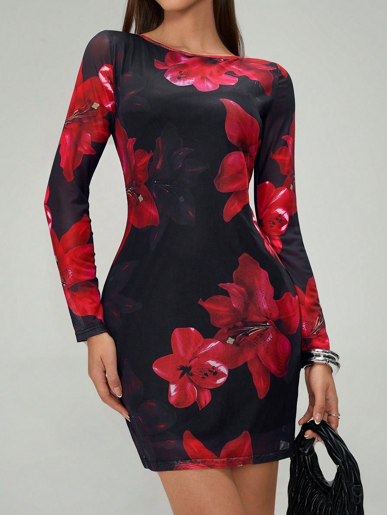 Damen Kleid mit langem Arm und floralem Design R&B