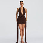 Damen Elegantes Minikleid mit tiefem V-Ausschnitt und fließenden Drapierungen R&B
