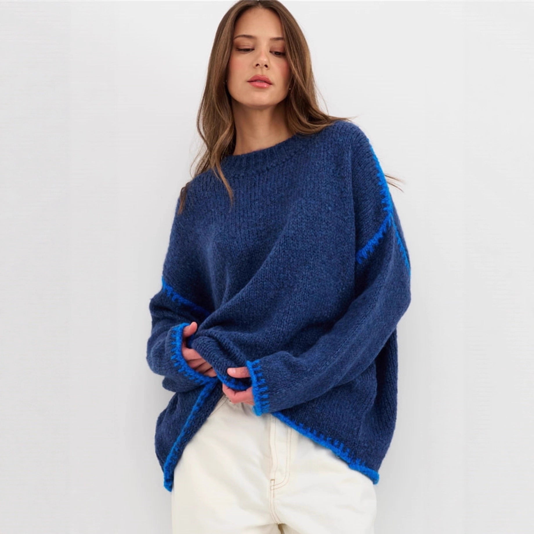 Damen kuscheliger Strickpullover mit kontrastierenden Akzentdetails R&B