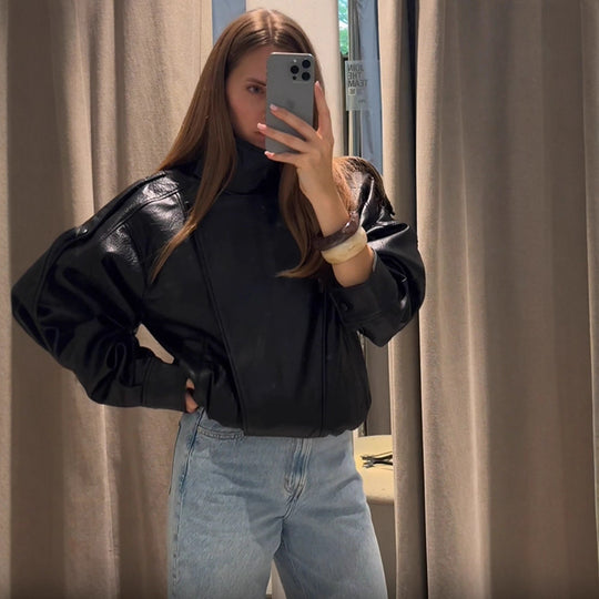 Damen lässige Kunstlederjacke im Oversized-Schnitt R&B
