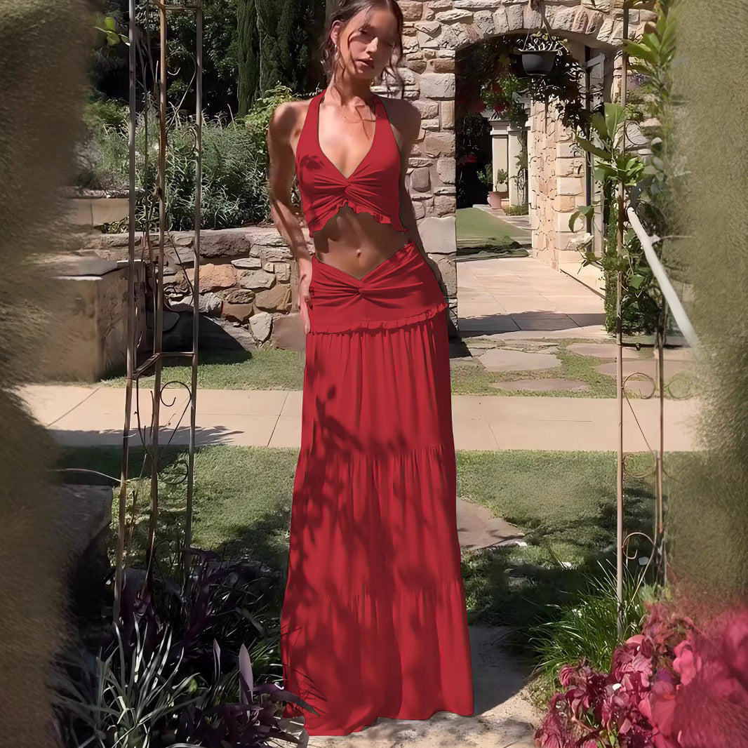 Damen Zweiteiliges Sommerkleid mit raffiniertem Oberteil und fließendem Rock R&B