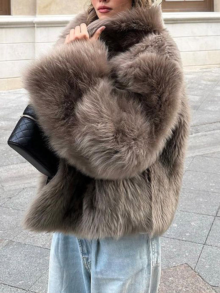 Damen Pelzjacke im modernen Oversize-Stil mit gemütlichem Kragen R&B