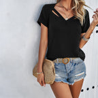 Damen V-Ausschnitt T-Shirt mit dekorativen Cut-Outs und lässigem Schnitt R&B