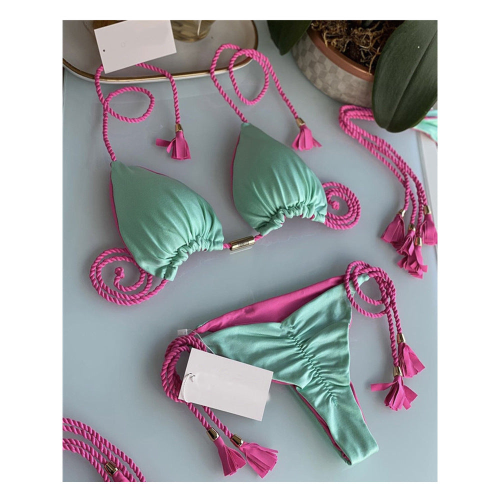 Damen Triangel-Bikini mit modischem Leopardenmuster und dekorativen Quasten R&B