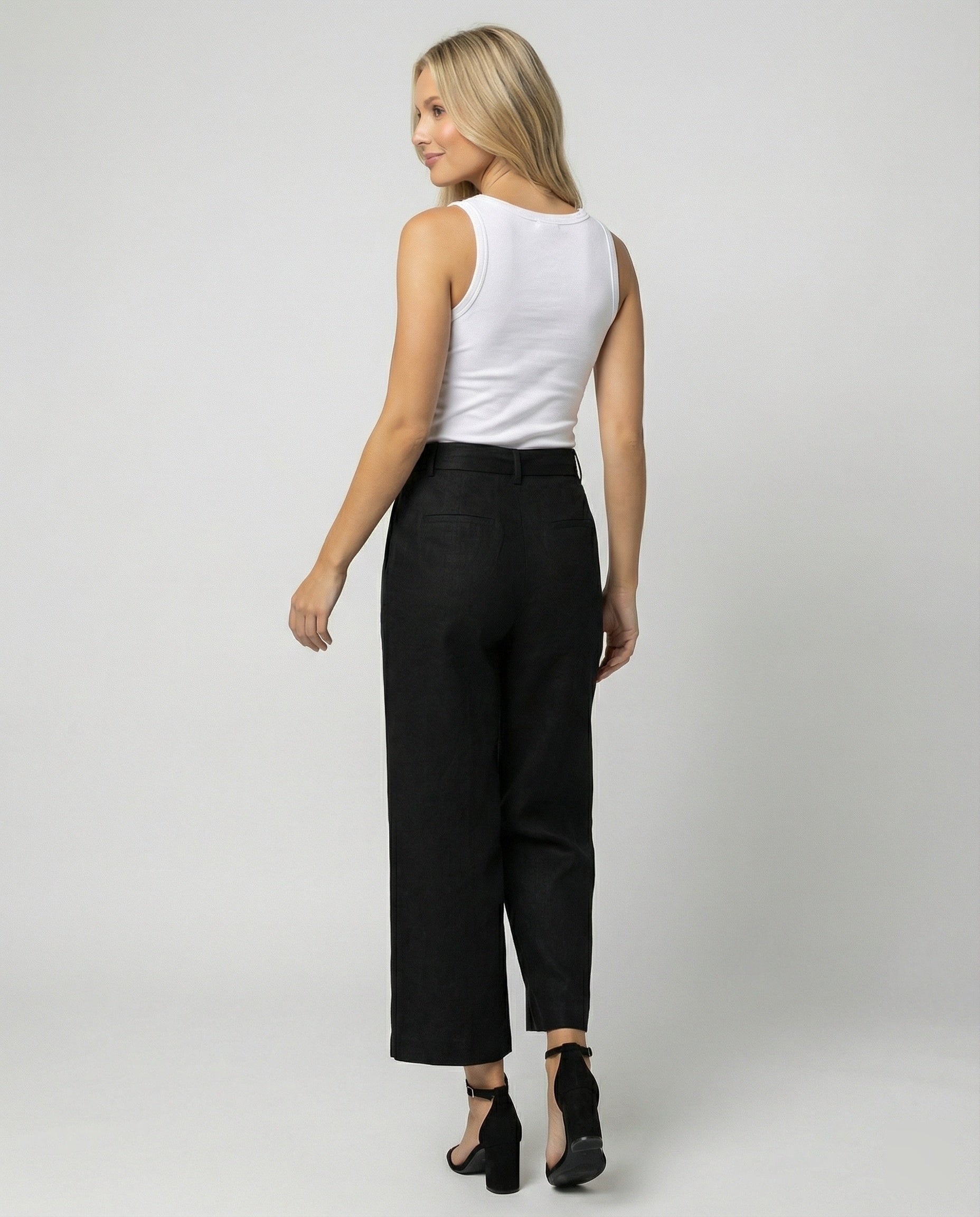 Elegante Damen Leinenhose High Waist Weites Bein Schwarz Casual