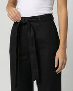 Elegante Damen Leinenhose High Waist Weites Bein Schwarz Casual