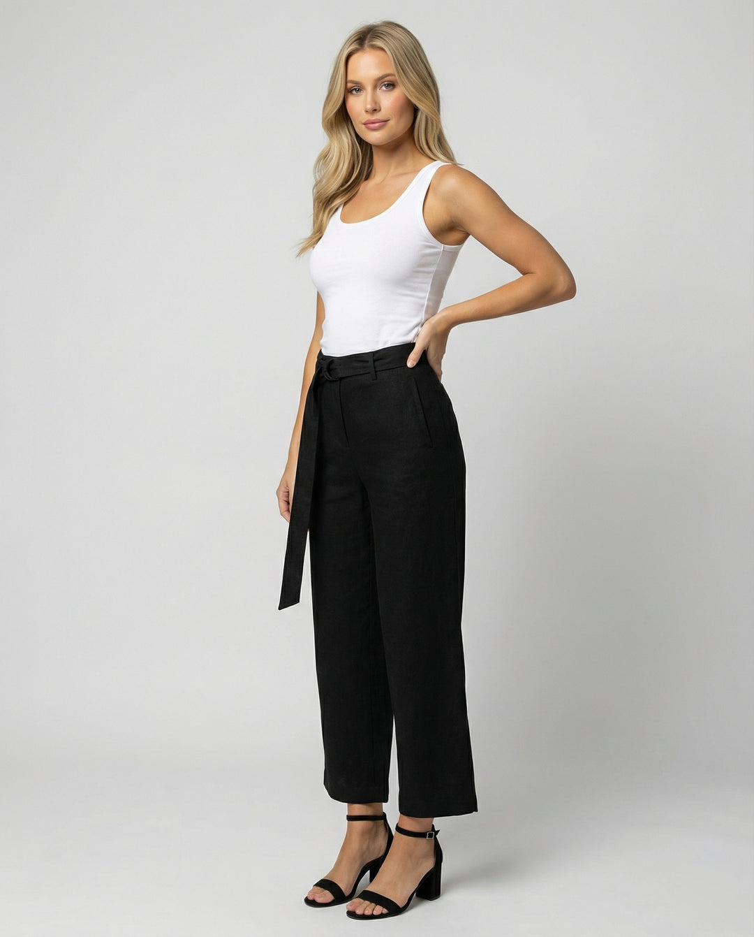 Elegante Damen Leinenhose High Waist Weites Bein Schwarz Casual