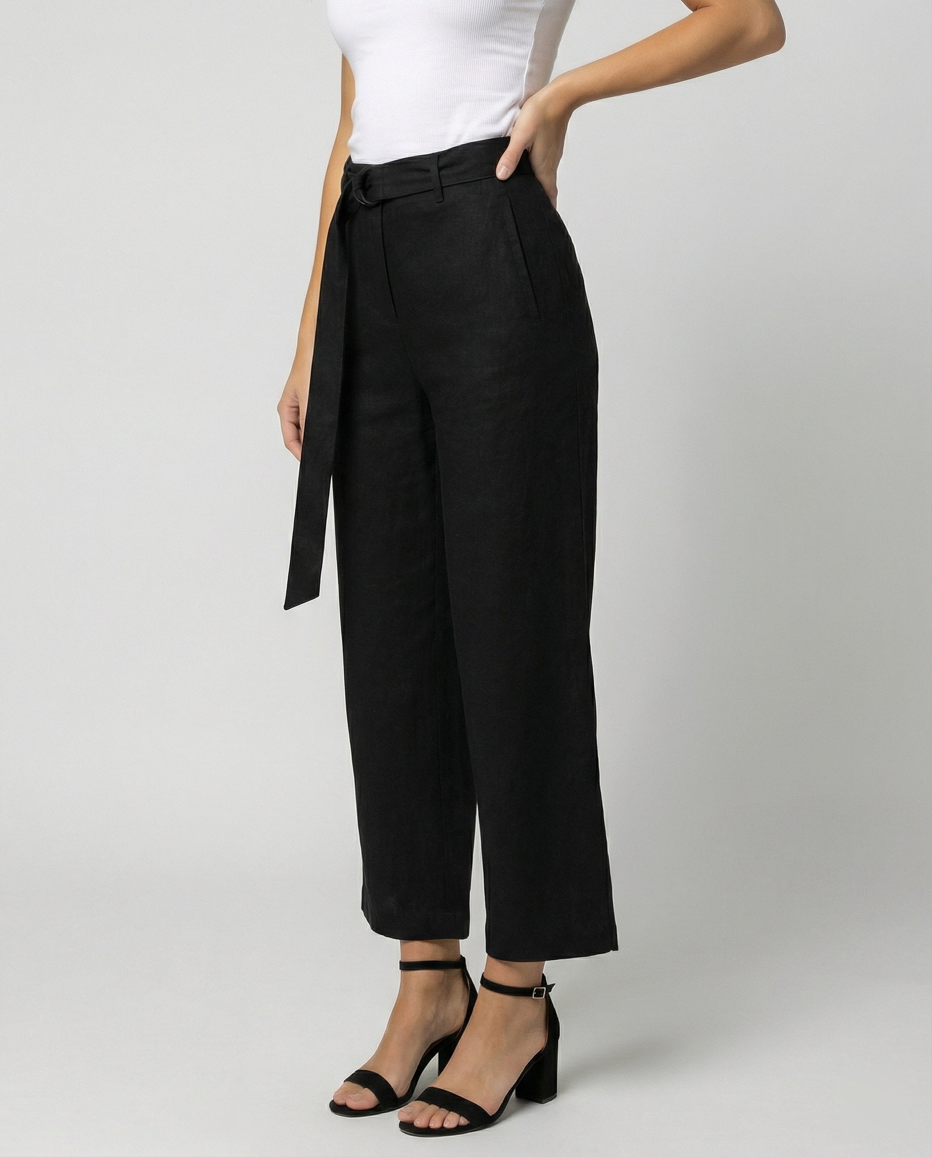 Elegante Damen Leinenhose High Waist Weites Bein Schwarz Casual