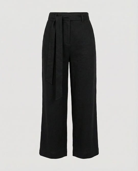 Elegante Damen Leinenhose High Waist Weites Bein Schwarz Casual