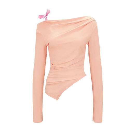 Damen asymmetrisches Langarmoberteil mit dekorativer Schleife R&B