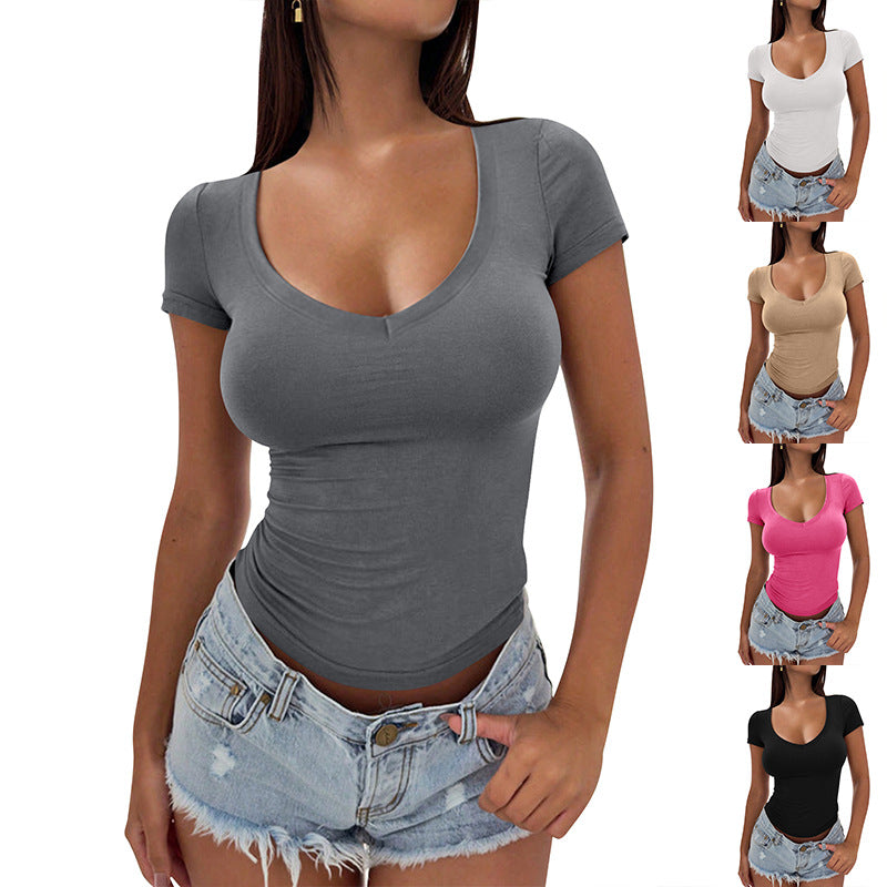Damen figurbetontes V-Ausschnitt T-Shirt aus weichem Stretchmaterial R&B