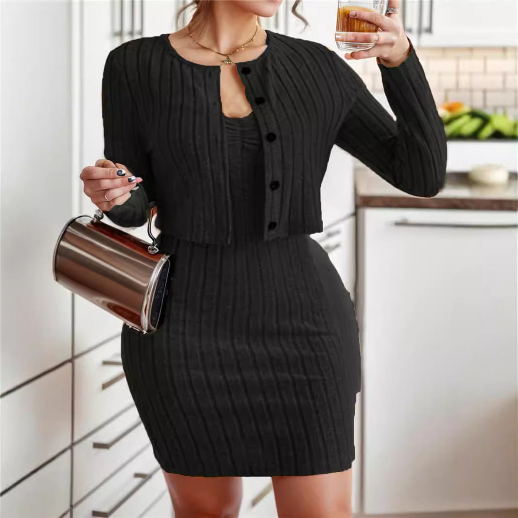 Damen Modisches Strickkleid mit tailliertem Schnitt und offener Cardigan-Optik R&B
